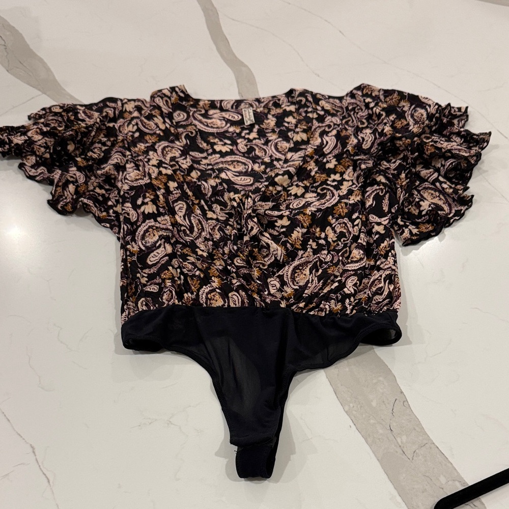 Free People Black and Cream Paisley Bodysuit